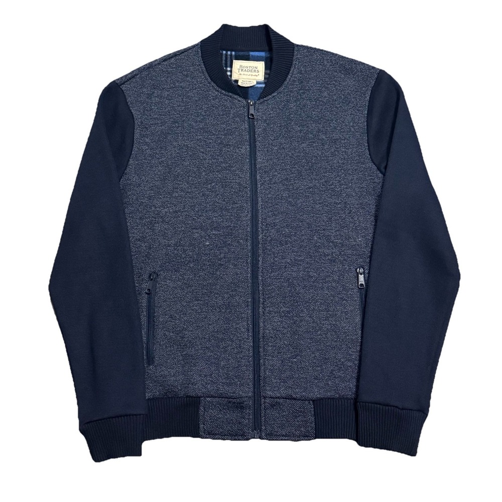 Boston Traders Men's L Flannel Lined Full Zip Sweater Jacket Bomber Style